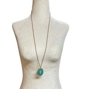 Vintage 32” necklace goldtone with blue stones stamped R